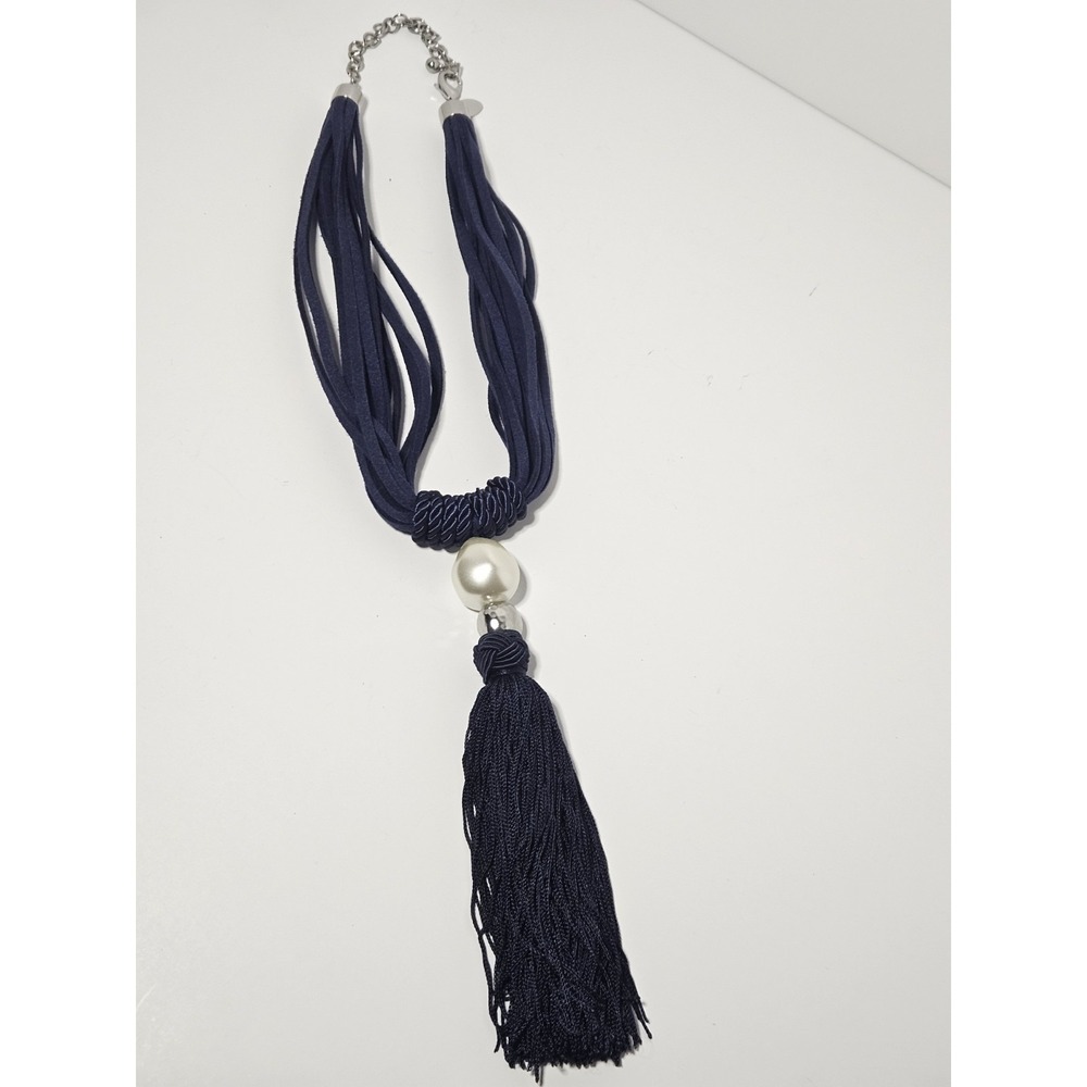 Chico's Navy Blue Multi Strand‎ Suede Cord Pearl Statement Tassel Necklace Boho